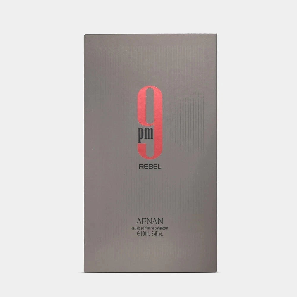 Afnan Rebel perfume packaging on a light gray background