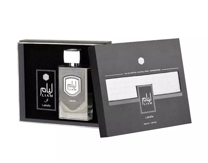Liam Grey Eau De Parfum 100ml by Lattafa with cardamom, black tea & fig