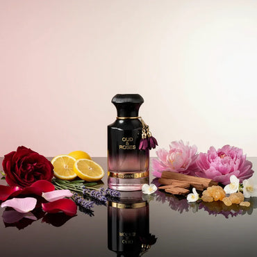 Ahmed Al Maghribi Oud and Roses perfume bottle with rose oud amber notes