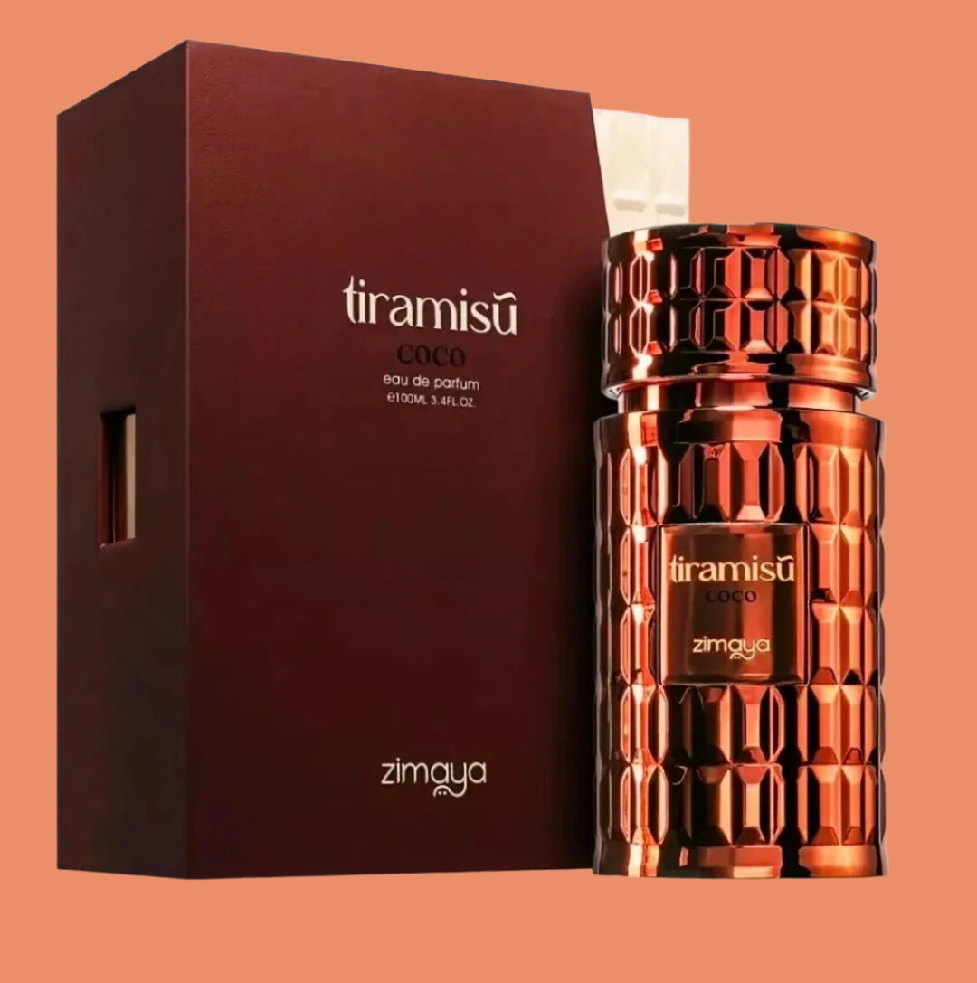 Zimaya Tiramisu perfume bottle and packaging on a white background