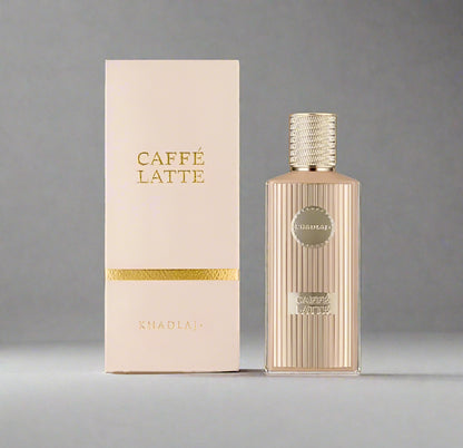 Khadlaa Caffé Latte perfume bottle and packaging with a scenic background