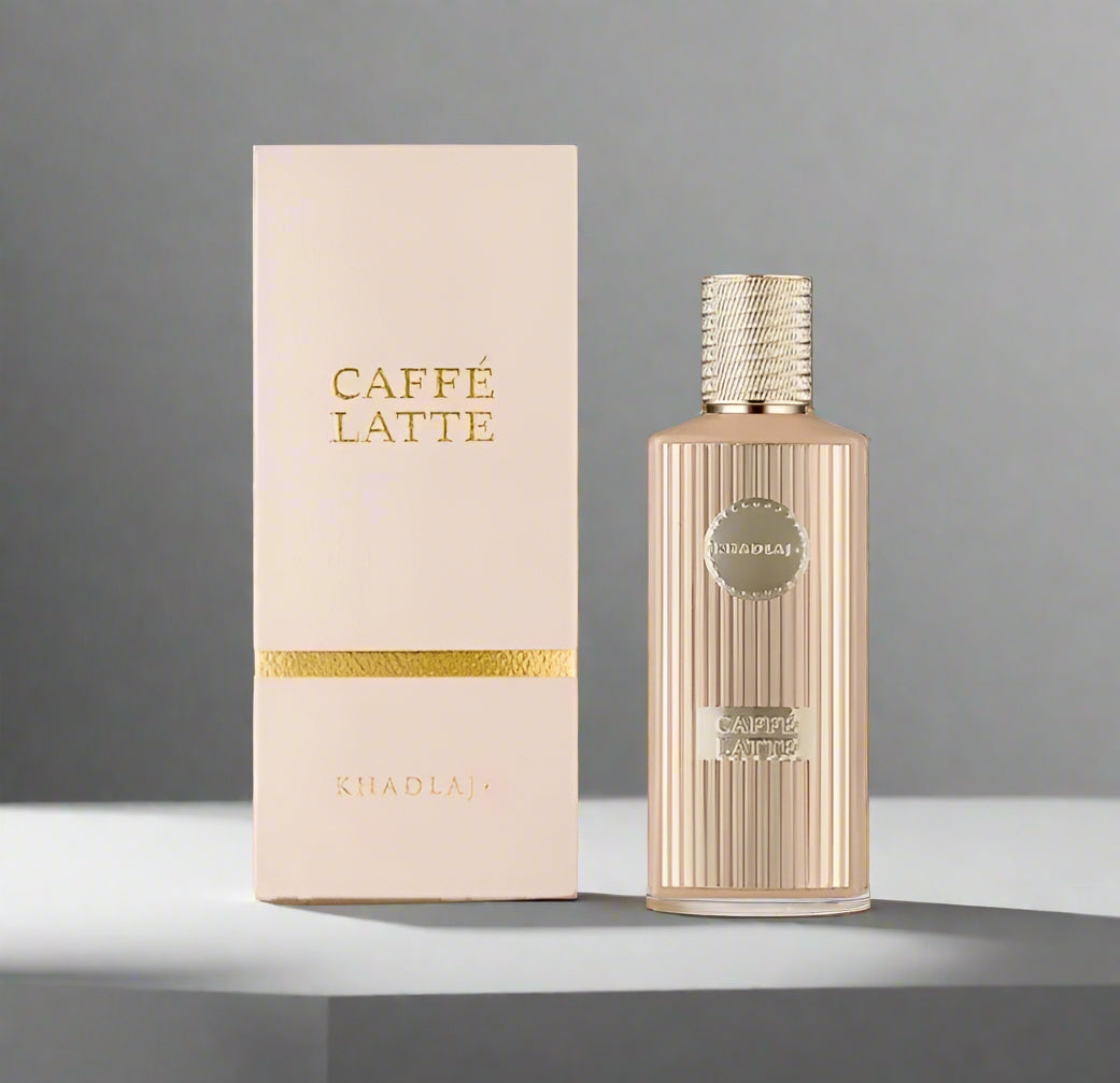 Khadlaa Caffé Latte perfume bottle and packaging with a scenic background