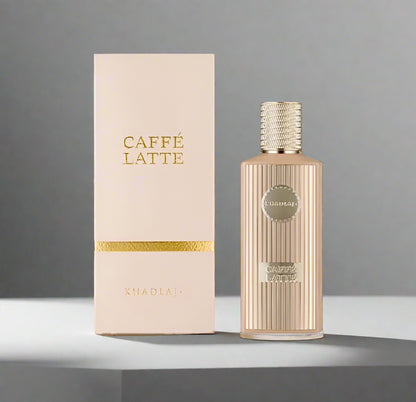 Khadlaa Caffé Latte perfume bottle and packaging with a scenic background