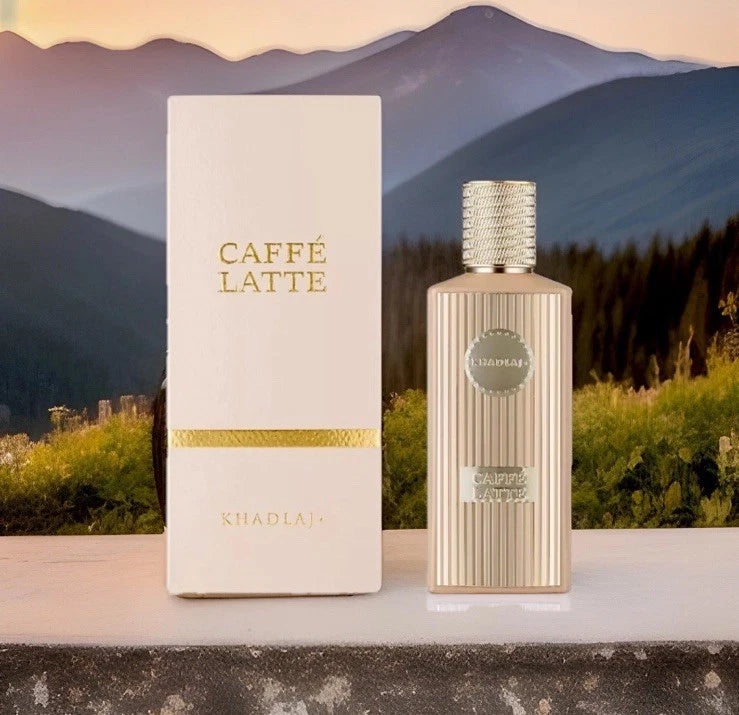 Khadlaa Caffé Latte perfume bottle and packaging with a mountainous background