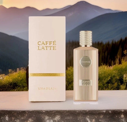 Khadlaa Caffé Latte perfume bottle and packaging with a mountainous background