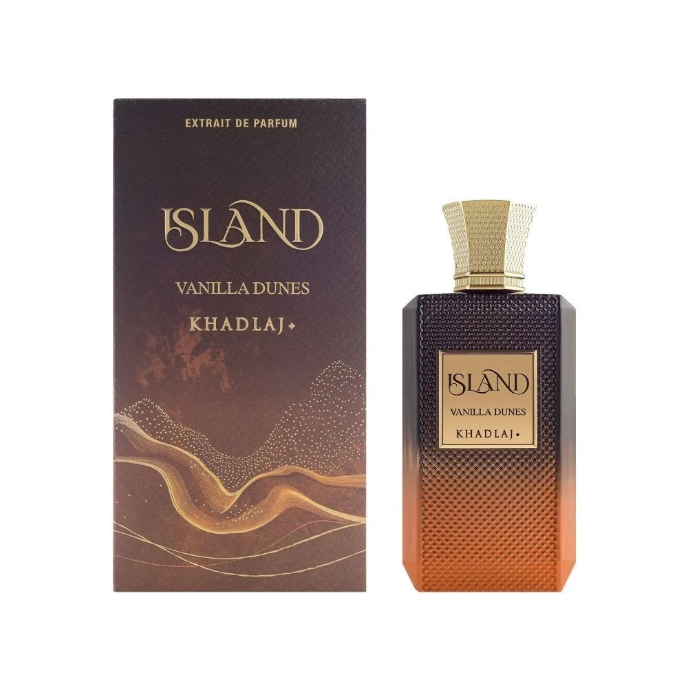 Island Vanilla Dunes Khadlaj perfume bottle and packaging on a white background