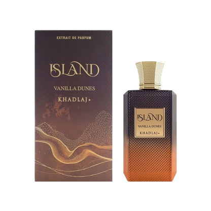 Island Vanilla Dunes Khadlaj perfume bottle and packaging on a white background