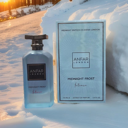 Anfar London Midnight Frost perfume bottle and packaging in a snowy landscape