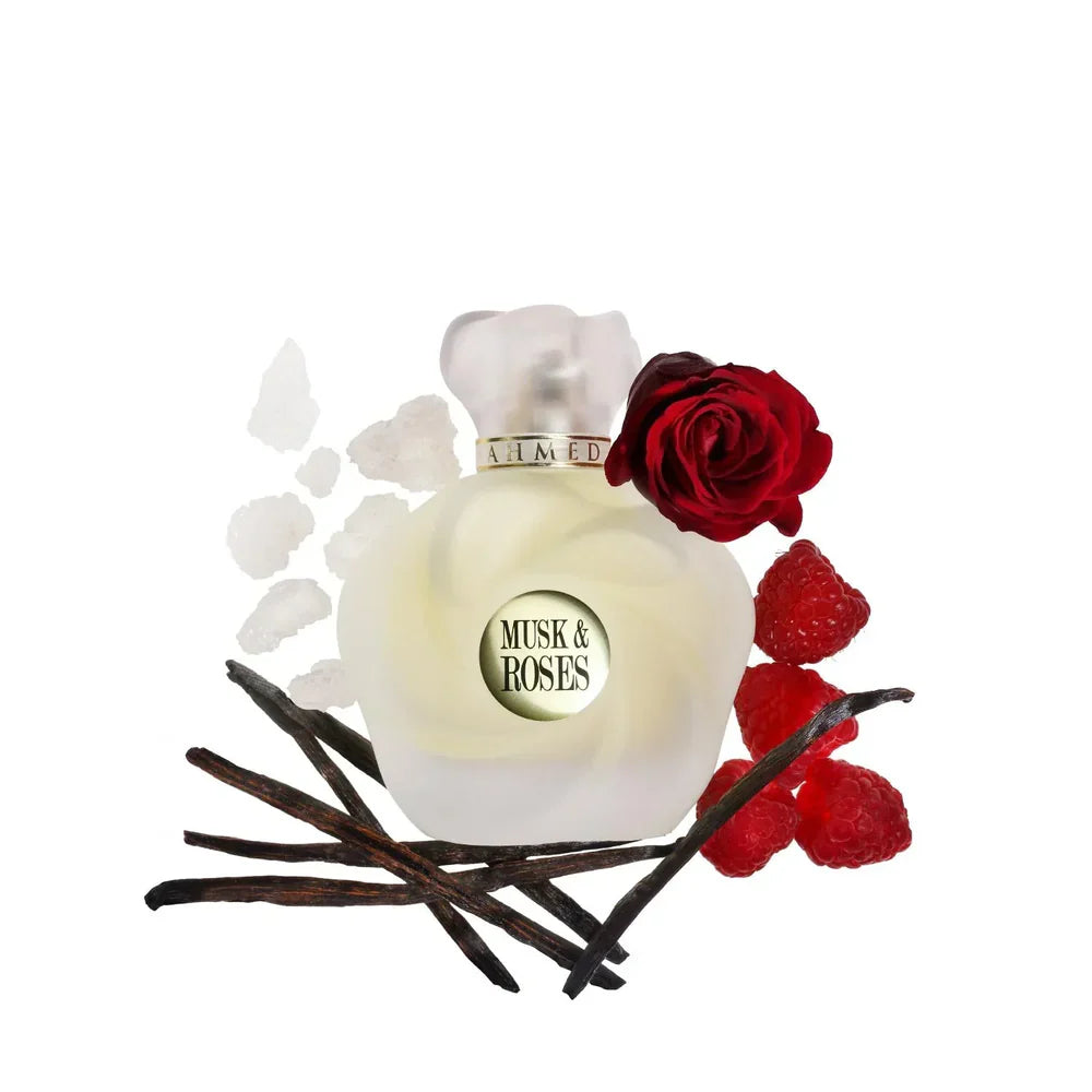 Ahmed Al Maghribi Musk and Roses elegant floral musk fragrance bottle