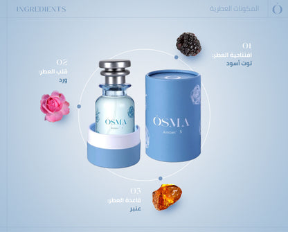 OSMA Amber'S perfume bottle and packaging on a light blue background with ingredients displayed.