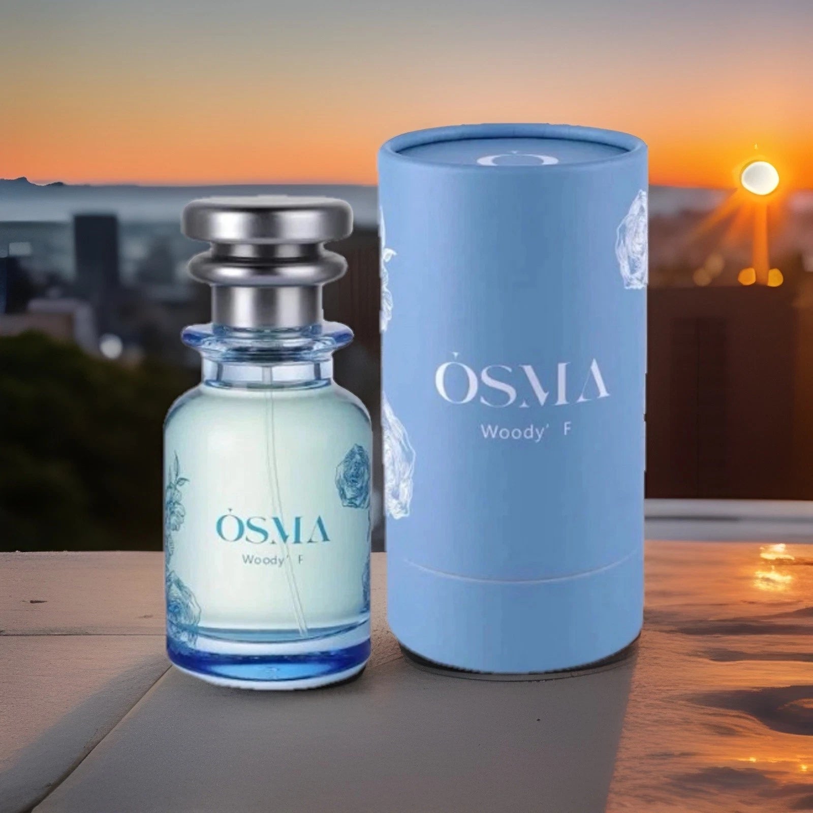 OSMA Woody F perfume bottle and packaging with a sunset background