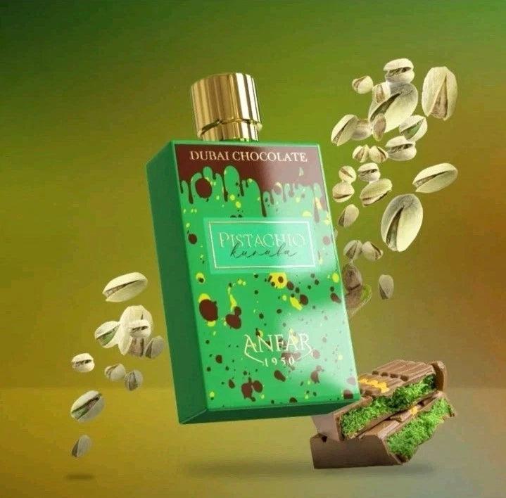 Dubai Chocolate Pistachio perfume bottle with packaging on a green background