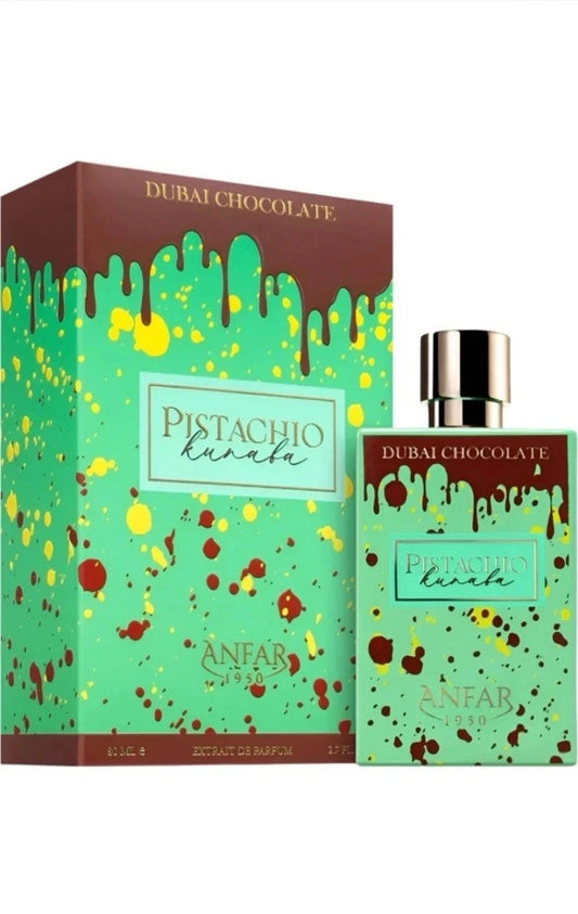Dubai Chocolate Pistachio perfume bottle and packaging on a white background